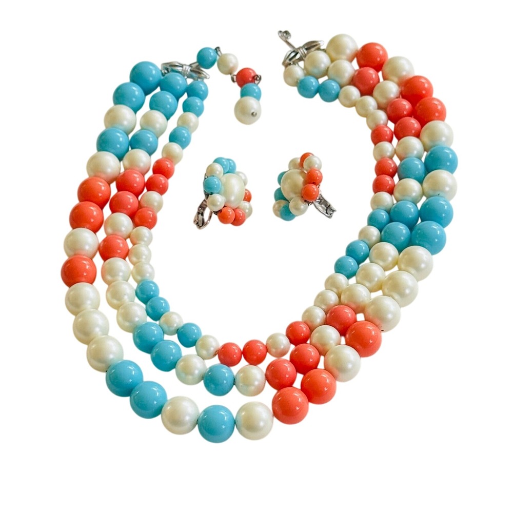VTG Marvella Triple Strand Necklace earrings signed‎ Matching set pastels Beaded
